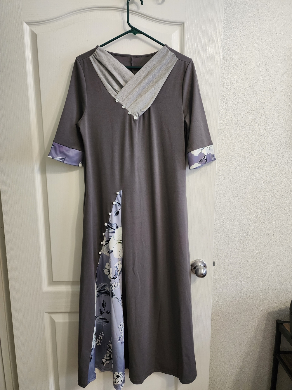 Gray Maxi Dress with Floral Accent and Pearl Detail